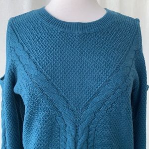 a.n.a. Teal Cold Shoulder Cable Knit Sweater